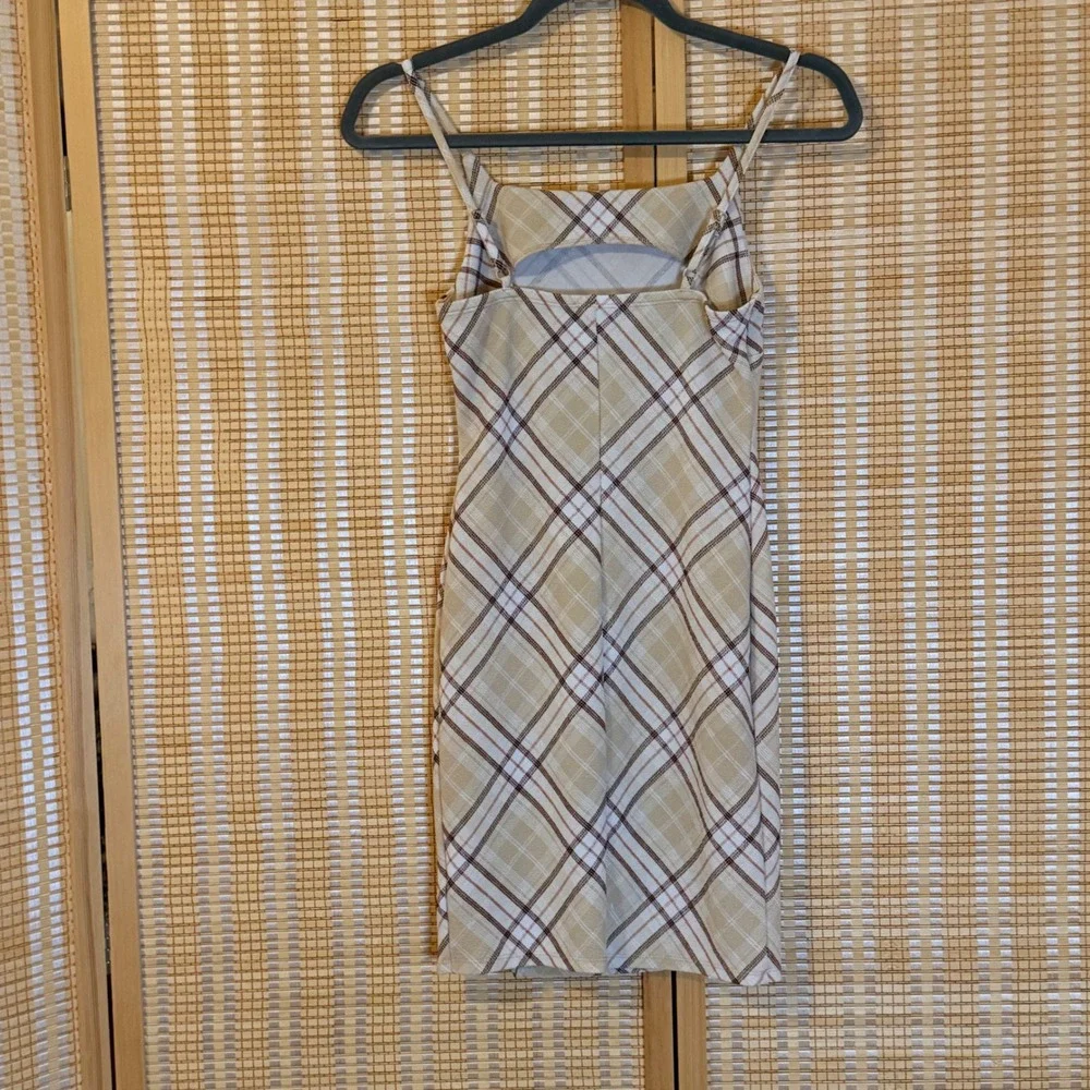 No Boundaries Plaid Mini Dress Tan Brown White Square Neck Cutout Back Small 3-5
